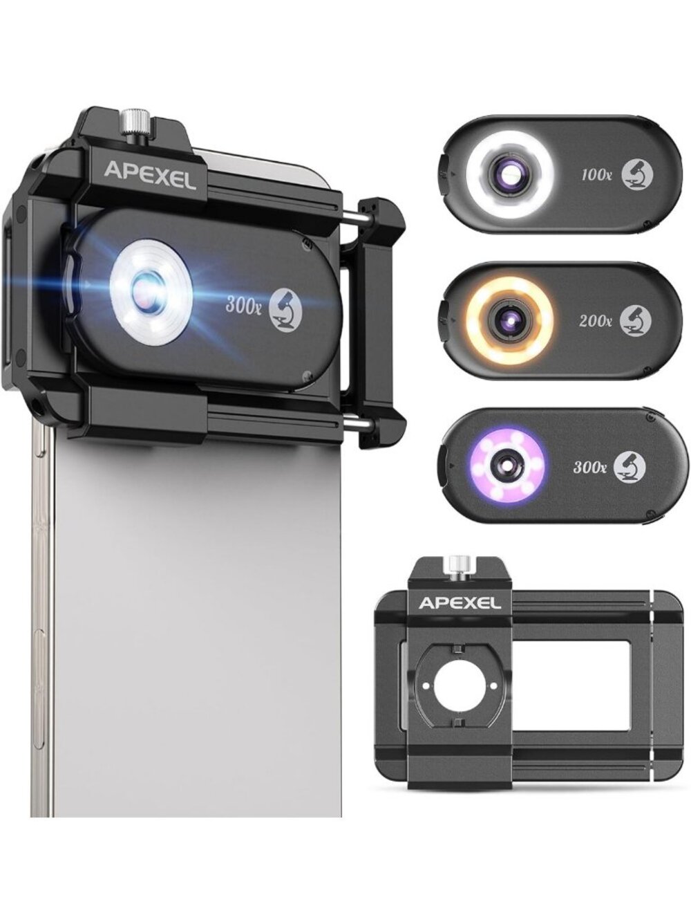 3-in-1 Phone Microscope Lens with LED Light, 100X/200X/300X Zoom, Universal Clip